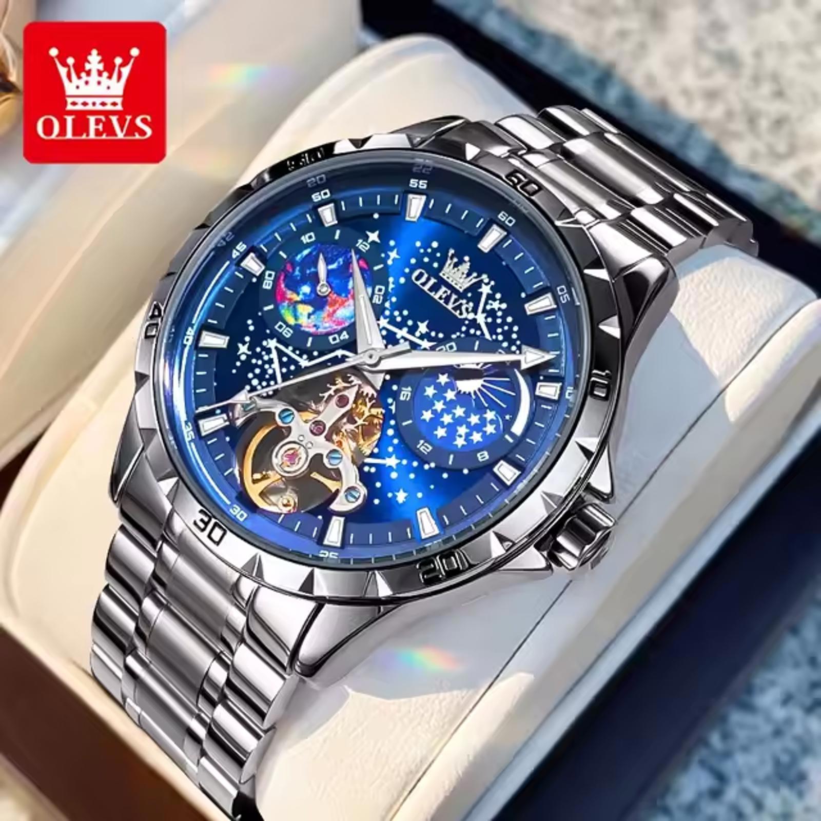 Olevs Mens Stainless Steel Mechanical Watch With Starry Sky Dial
